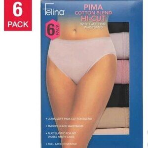 Felina Pima Cotton Blend Hi-Cut Panties with Lace Trim Waistband, 6 Pack, Large